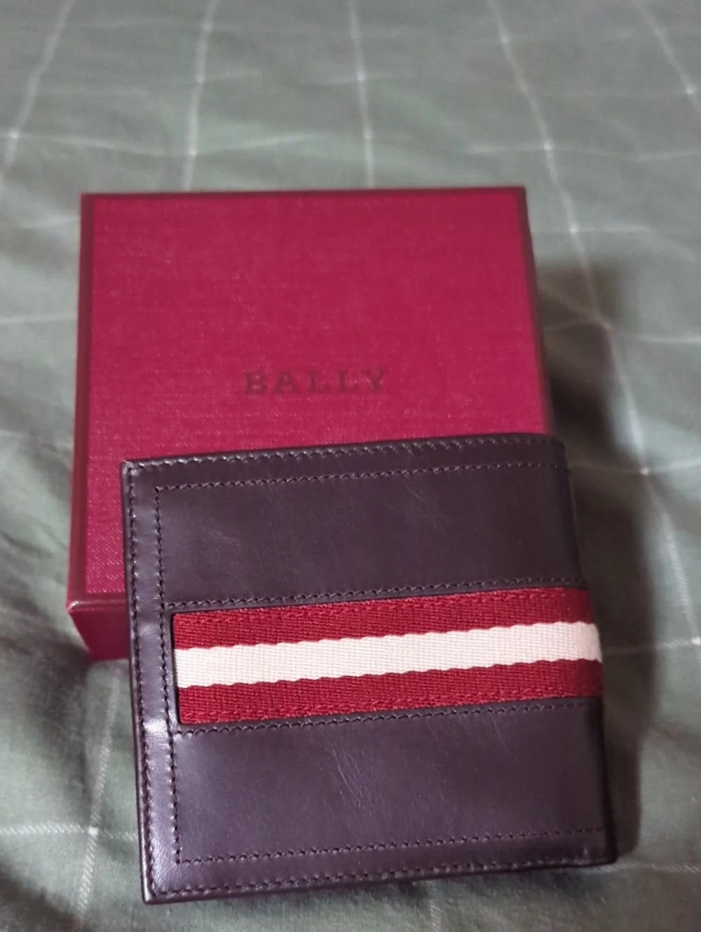 Dark Brown Leather Bifold Wallet with Red & White Stripe Accent